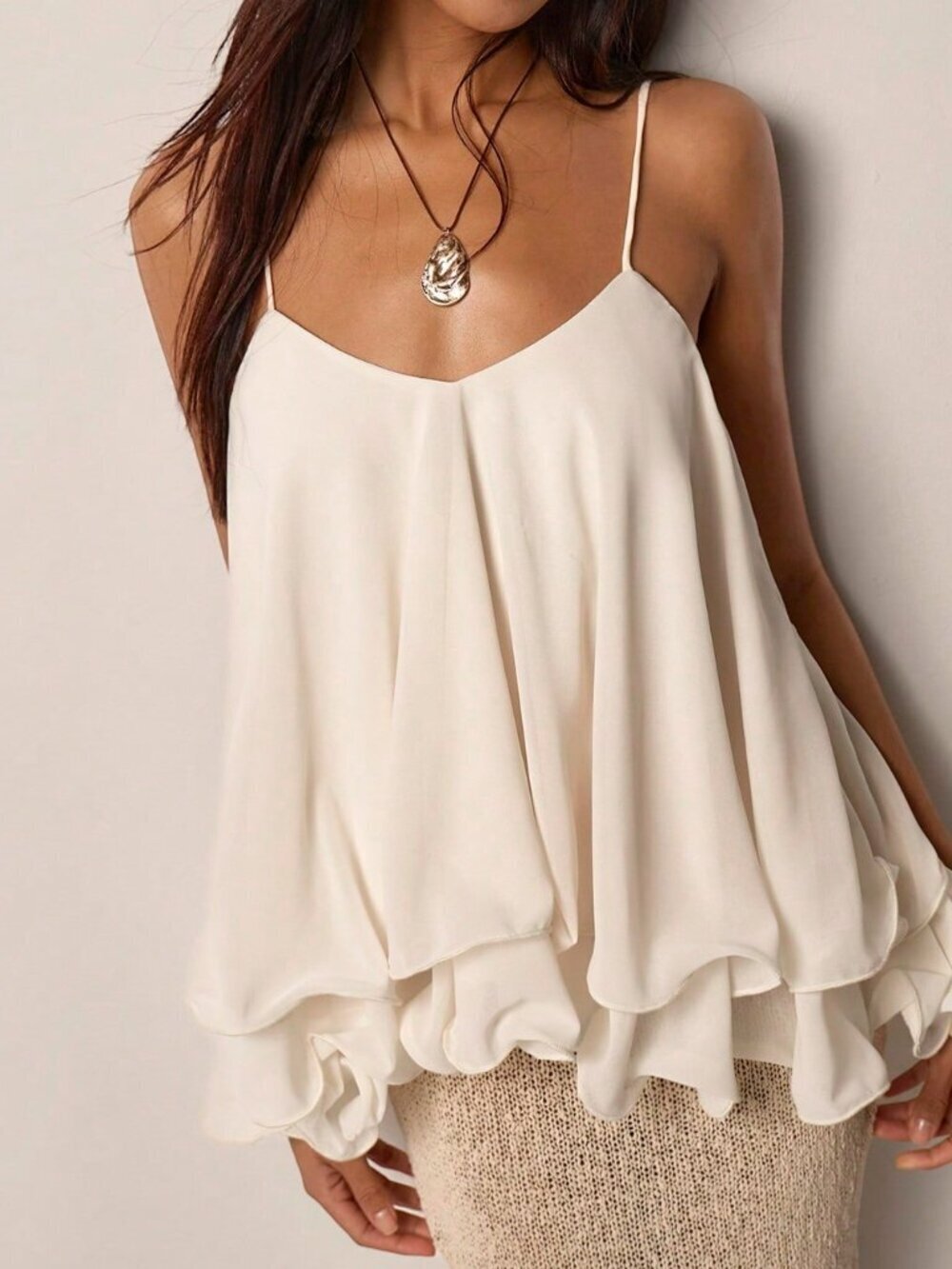 Apricot Casual Elegant Boho Women's Spaghetti Strap Ruffle Hem Blouse